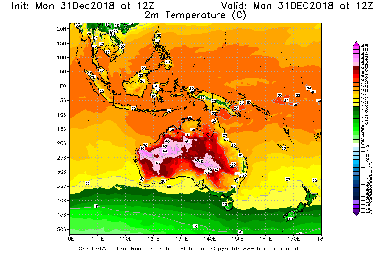 Mappa di analisi GFS - Temperatura a 2 metri dal suolo [°C] in Oceania
							del 31/12/2018 12 <!--googleoff: index-->UTC<!--googleon: index-->