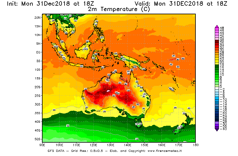 Mappa di analisi GFS - Temperatura a 2 metri dal suolo [°C] in Oceania
							del 31/12/2018 18 <!--googleoff: index-->UTC<!--googleon: index-->