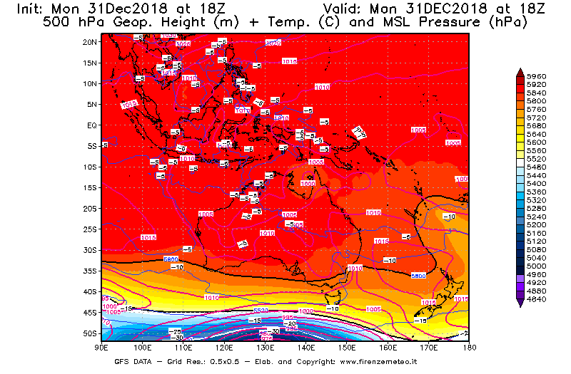 Mappa di analisi GFS - Geopotenziale [m] + Temp. [°C] a 500 hPa + Press. a livello del mare [hPa] in Oceania
							del 31/12/2018 18 <!--googleoff: index-->UTC<!--googleon: index-->