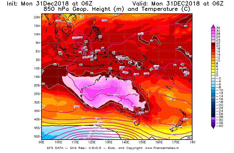 Mappa di analisi GFS - Geopotenziale [m] e Temperatura [°C] a 850 hPa in Oceania
							del 31/12/2018 06 <!--googleoff: index-->UTC<!--googleon: index-->