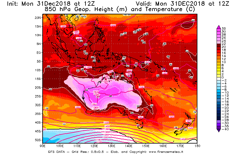 Mappa di analisi GFS - Geopotenziale [m] e Temperatura [°C] a 850 hPa in Oceania
							del 31/12/2018 12 <!--googleoff: index-->UTC<!--googleon: index-->