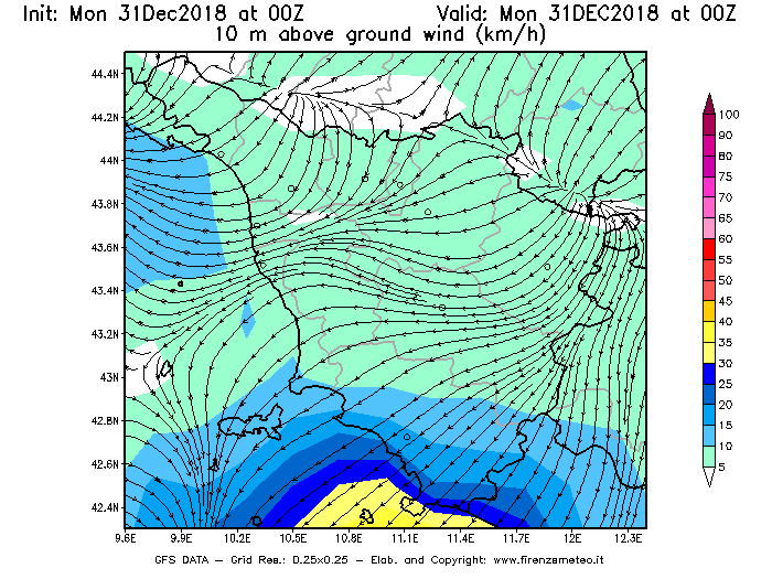 Mappa di analisi GFS - Velocità del vento a 10 metri dal suolo [km/h] in Toscana
							del 31/12/2018 00 <!--googleoff: index-->UTC<!--googleon: index-->