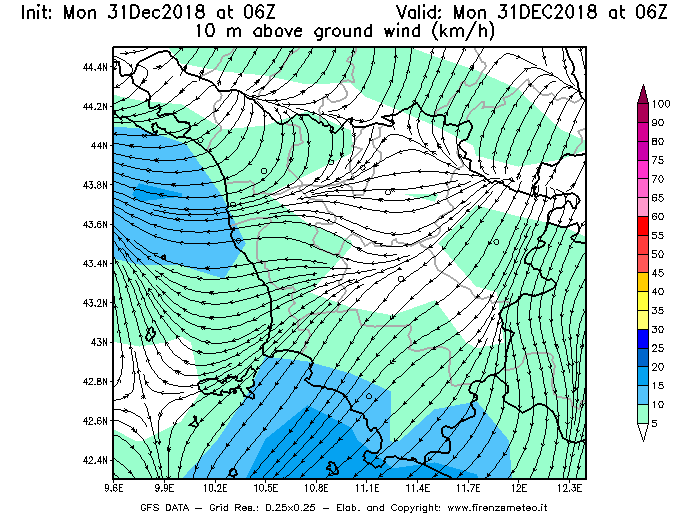 Mappa di analisi GFS - Velocità del vento a 10 metri dal suolo [km/h] in Toscana
							del 31/12/2018 06 <!--googleoff: index-->UTC<!--googleon: index-->
