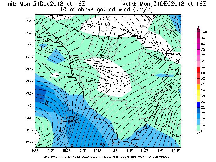 Mappa di analisi GFS - Velocità del vento a 10 metri dal suolo [km/h] in Toscana
							del 31/12/2018 18 <!--googleoff: index-->UTC<!--googleon: index-->