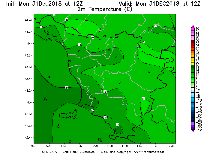 Mappa di analisi GFS - Temperatura a 2 metri dal suolo [°C] in Toscana
							del 31/12/2018 12 <!--googleoff: index-->UTC<!--googleon: index-->