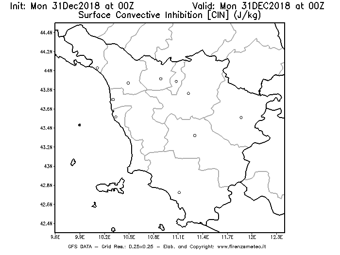 Mappa di analisi GFS - CIN [J/kg] in Toscana
							del 31/12/2018 00 <!--googleoff: index-->UTC<!--googleon: index-->