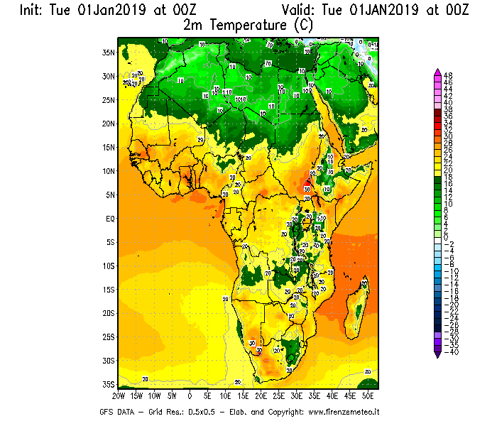 Mappa di analisi GFS - Temperatura a 2 metri dal suolo [°C] in Africa
							del 01/01/2019 00 <!--googleoff: index-->UTC<!--googleon: index-->