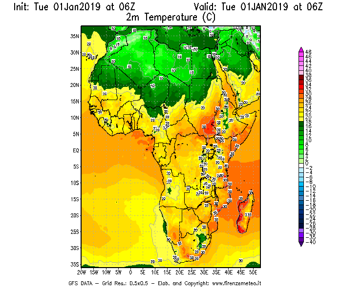 Mappa di analisi GFS - Temperatura a 2 metri dal suolo [°C] in Africa
							del 01/01/2019 06 <!--googleoff: index-->UTC<!--googleon: index-->