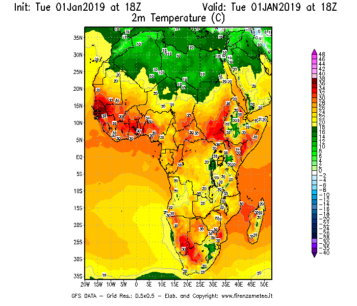 Mappa di analisi GFS - Temperatura a 2 metri dal suolo [°C] in Africa
							del 01/01/2019 18 <!--googleoff: index-->UTC<!--googleon: index-->
