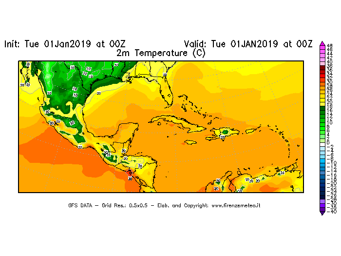 Mappa di analisi GFS - Temperatura a 2 metri dal suolo [°C] in Centro-America
							del 01/01/2019 00 <!--googleoff: index-->UTC<!--googleon: index-->