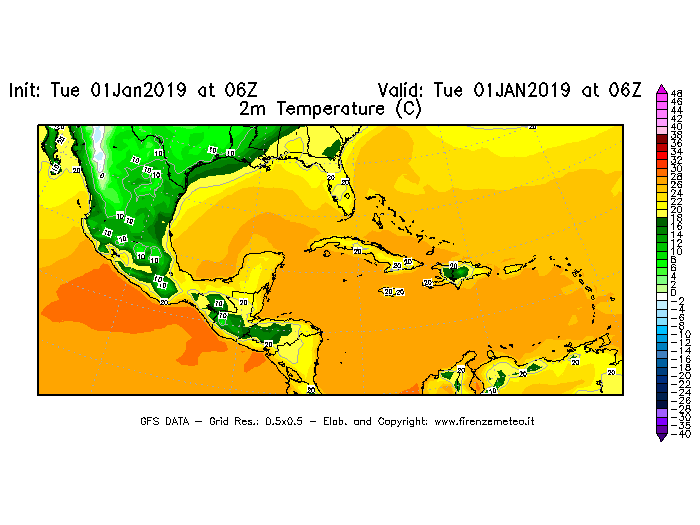 Mappa di analisi GFS - Temperatura a 2 metri dal suolo [°C] in Centro-America
							del 01/01/2019 06 <!--googleoff: index-->UTC<!--googleon: index-->