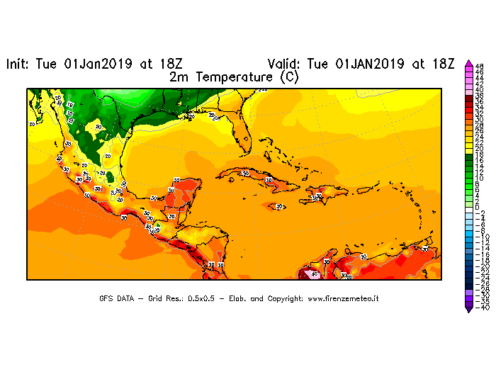 Mappa di analisi GFS - Temperatura a 2 metri dal suolo [°C] in Centro-America
							del 01/01/2019 18 <!--googleoff: index-->UTC<!--googleon: index-->