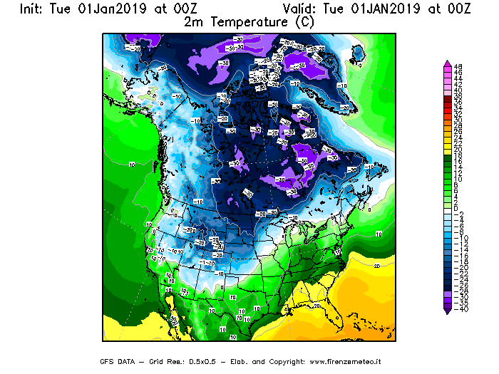 Mappa di analisi GFS - Temperatura a 2 metri dal suolo [°C] in Nord-America
							del 01/01/2019 00 <!--googleoff: index-->UTC<!--googleon: index-->