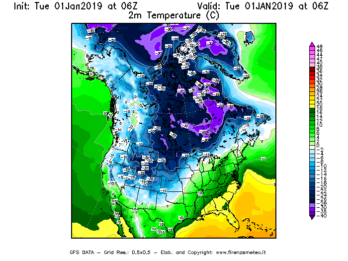 Mappa di analisi GFS - Temperatura a 2 metri dal suolo [°C] in Nord-America
							del 01/01/2019 06 <!--googleoff: index-->UTC<!--googleon: index-->