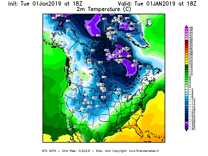 Mappa di analisi GFS - Temperatura a 2 metri dal suolo [°C] in Nord-America
							del 01/01/2019 18 <!--googleoff: index-->UTC<!--googleon: index-->
