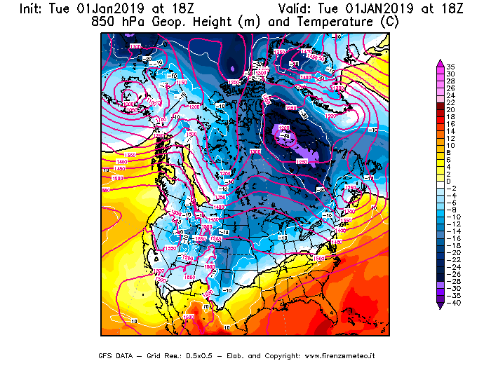 Mappa di analisi GFS - Geopotenziale [m] e Temperatura [°C] a 850 hPa in Nord-America
							del 01/01/2019 18 <!--googleoff: index-->UTC<!--googleon: index-->