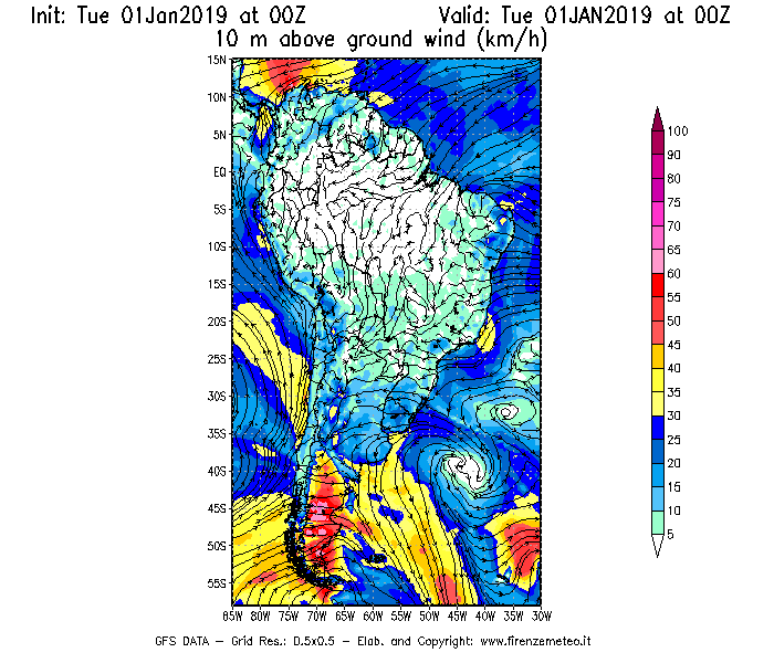 Mappa di analisi GFS - Velocità del vento a 10 metri dal suolo [km/h] in Sud-America
							del 01/01/2019 00 <!--googleoff: index-->UTC<!--googleon: index-->
