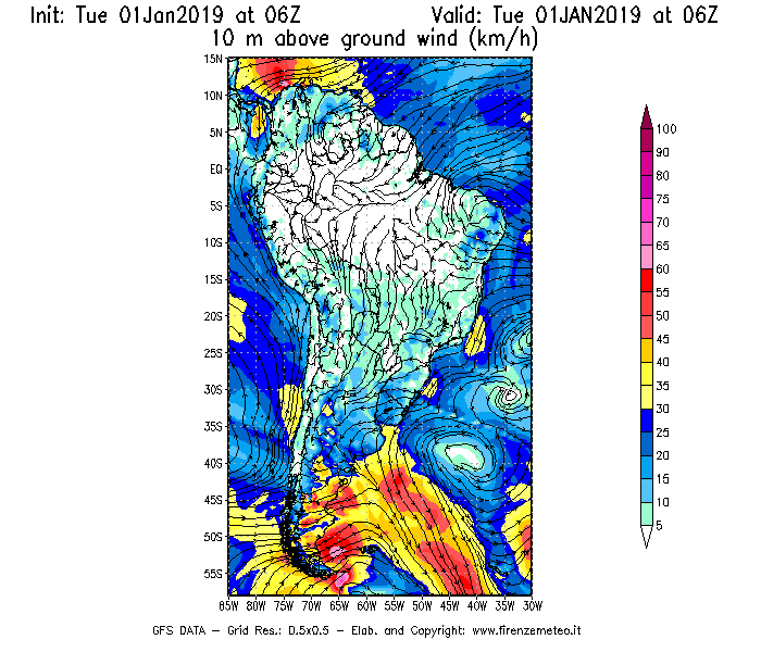 Mappa di analisi GFS - Velocità del vento a 10 metri dal suolo [km/h] in Sud-America
							del 01/01/2019 06 <!--googleoff: index-->UTC<!--googleon: index-->