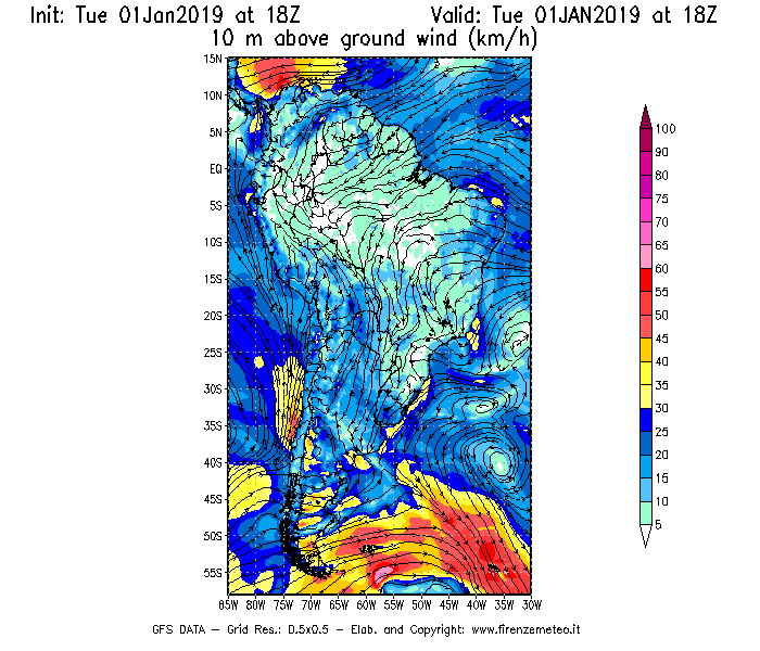 Mappa di analisi GFS - Velocità del vento a 10 metri dal suolo [km/h] in Sud-America
							del 01/01/2019 18 <!--googleoff: index-->UTC<!--googleon: index-->