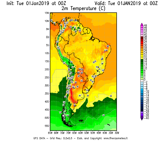 Mappa di analisi GFS - Temperatura a 2 metri dal suolo [°C] in Sud-America
							del 01/01/2019 00 <!--googleoff: index-->UTC<!--googleon: index-->