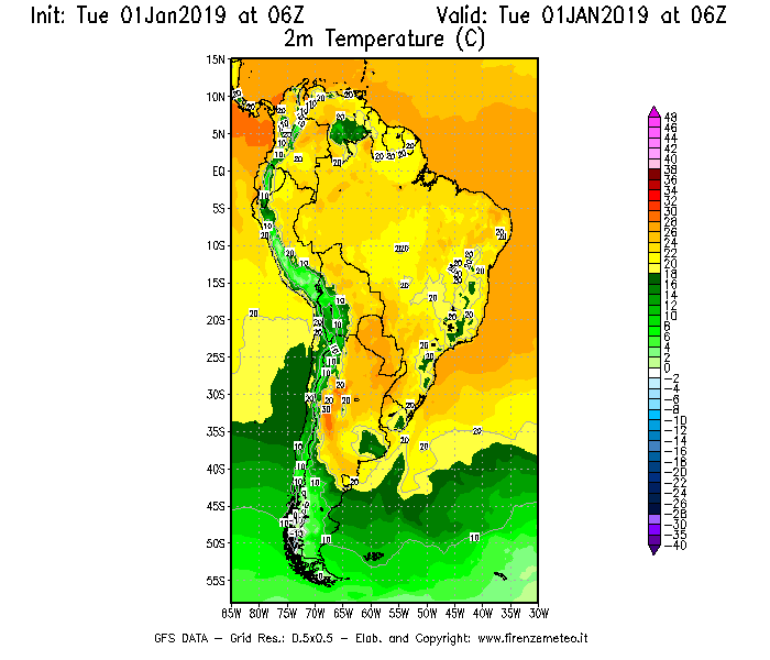 Mappa di analisi GFS - Temperatura a 2 metri dal suolo [°C] in Sud-America
							del 01/01/2019 06 <!--googleoff: index-->UTC<!--googleon: index-->