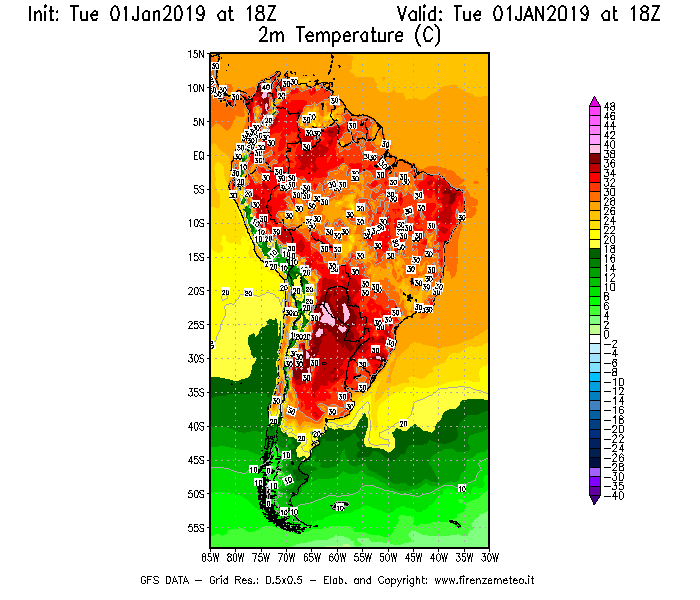 Mappa di analisi GFS - Temperatura a 2 metri dal suolo [°C] in Sud-America
							del 01/01/2019 18 <!--googleoff: index-->UTC<!--googleon: index-->