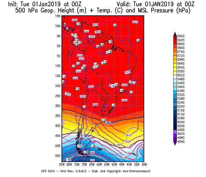 Mappa di analisi GFS - Geopotenziale [m] + Temp. [°C] a 500 hPa + Press. a livello del mare [hPa] in Sud-America
							del 01/01/2019 00 <!--googleoff: index-->UTC<!--googleon: index-->