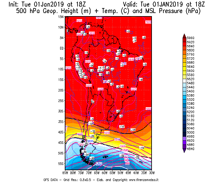Mappa di analisi GFS - Geopotenziale [m] + Temp. [°C] a 500 hPa + Press. a livello del mare [hPa] in Sud-America
							del 01/01/2019 18 <!--googleoff: index-->UTC<!--googleon: index-->