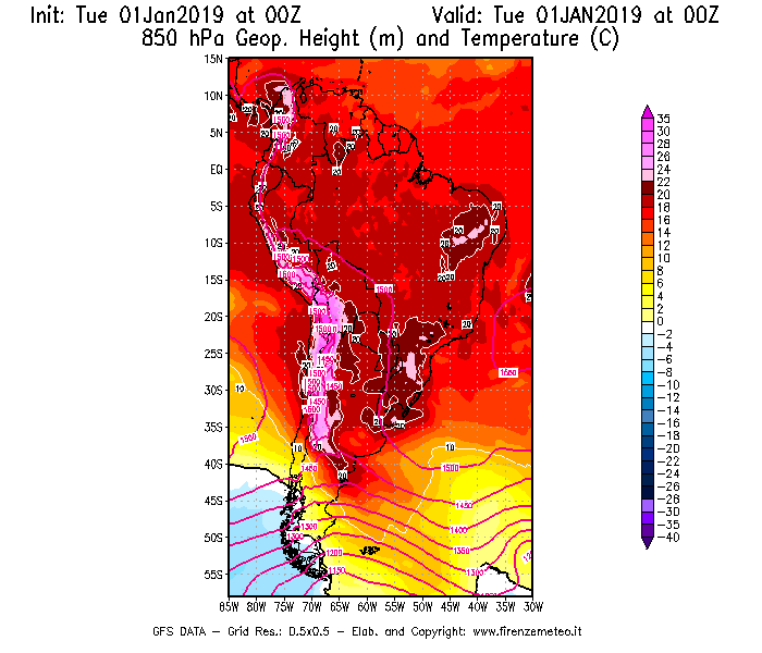 Mappa di analisi GFS - Geopotenziale [m] e Temperatura [°C] a 850 hPa in Sud-America
							del 01/01/2019 00 <!--googleoff: index-->UTC<!--googleon: index-->