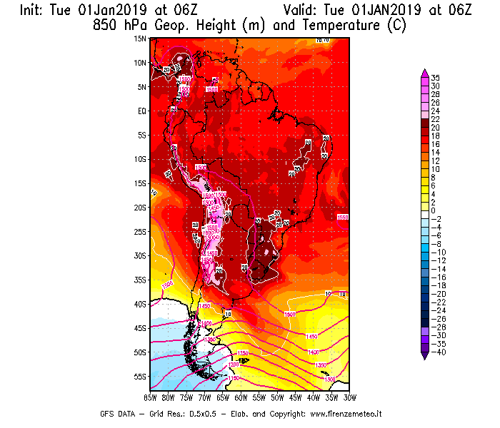 Mappa di analisi GFS - Geopotenziale [m] e Temperatura [°C] a 850 hPa in Sud-America
							del 01/01/2019 06 <!--googleoff: index-->UTC<!--googleon: index-->