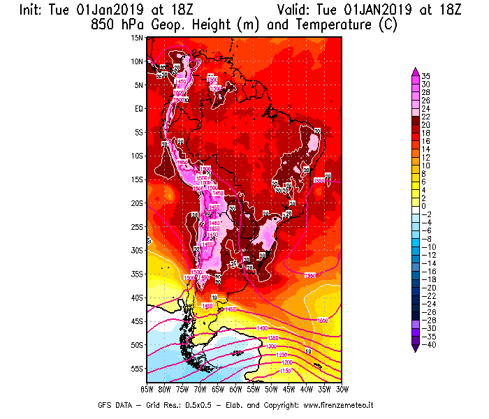 Mappa di analisi GFS - Geopotenziale [m] e Temperatura [°C] a 850 hPa in Sud-America
							del 01/01/2019 18 <!--googleoff: index-->UTC<!--googleon: index-->