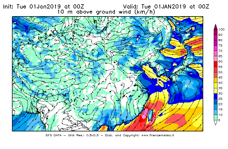 Mappa di analisi GFS - Velocità del vento a 10 metri dal suolo [km/h] in Asia Orientale
							del 01/01/2019 00 <!--googleoff: index-->UTC<!--googleon: index-->