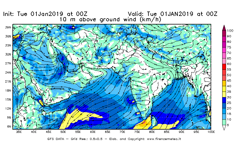 Mappa di analisi GFS - Velocità del vento a 10 metri dal suolo [km/h] in Asia Sud-Occidentale
							del 01/01/2019 00 <!--googleoff: index-->UTC<!--googleon: index-->