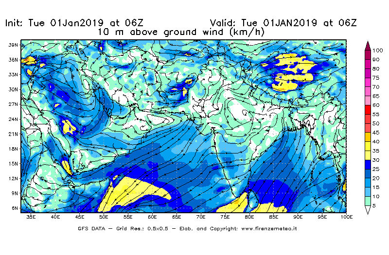 Mappa di analisi GFS - Velocità del vento a 10 metri dal suolo [km/h] in Asia Sud-Occidentale
							del 01/01/2019 06 <!--googleoff: index-->UTC<!--googleon: index-->