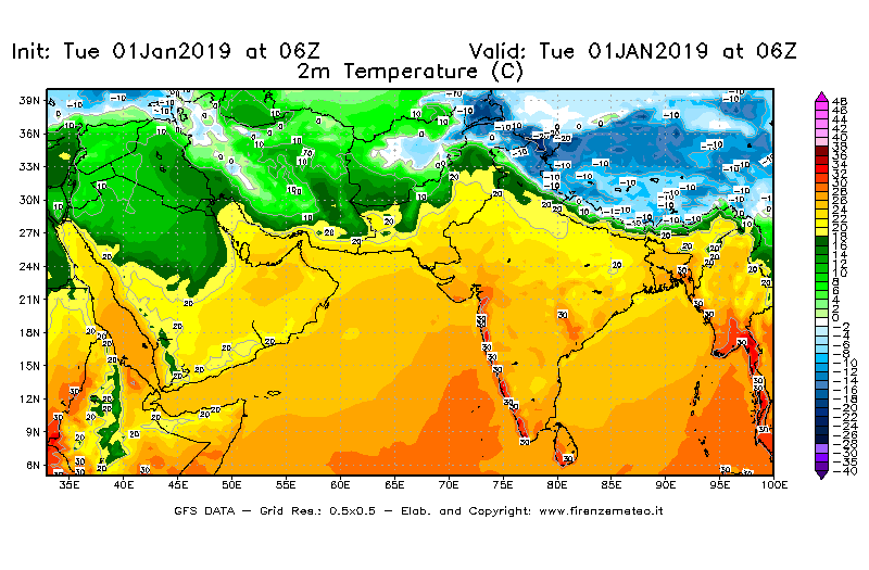 Mappa di analisi GFS - Temperatura a 2 metri dal suolo [°C] in Asia Sud-Occidentale
							del 01/01/2019 06 <!--googleoff: index-->UTC<!--googleon: index-->