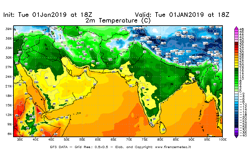 Mappa di analisi GFS - Temperatura a 2 metri dal suolo [°C] in Asia Sud-Occidentale
							del 01/01/2019 18 <!--googleoff: index-->UTC<!--googleon: index-->