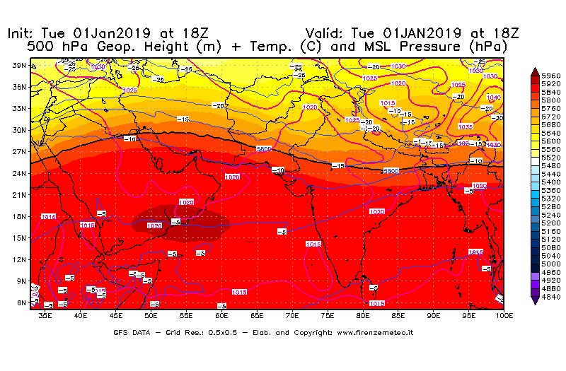 Mappa di analisi GFS - Geopotenziale [m] + Temp. [°C] a 500 hPa + Press. a livello del mare [hPa] in Asia Sud-Occidentale
							del 01/01/2019 18 <!--googleoff: index-->UTC<!--googleon: index-->