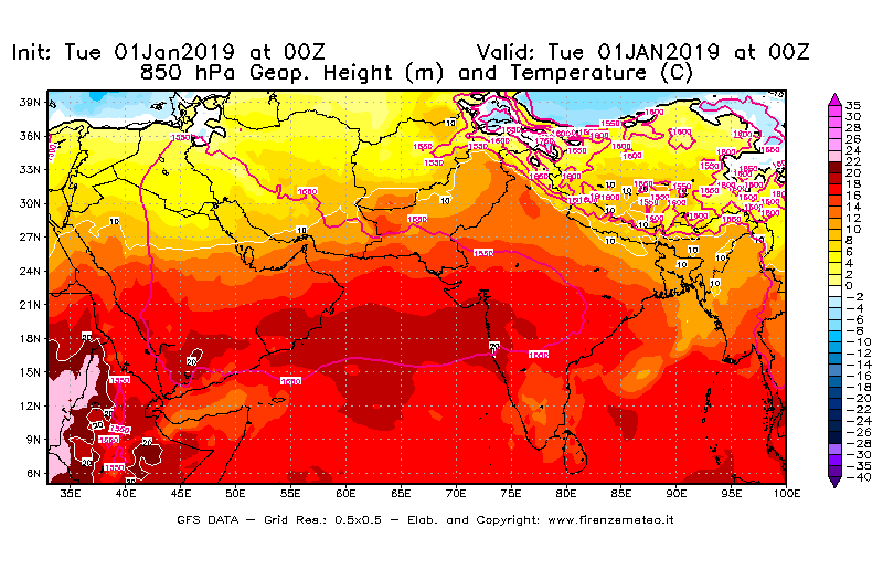 Mappa di analisi GFS - Geopotenziale [m] e Temperatura [°C] a 850 hPa in Asia Sud-Occidentale
							del 01/01/2019 00 <!--googleoff: index-->UTC<!--googleon: index-->