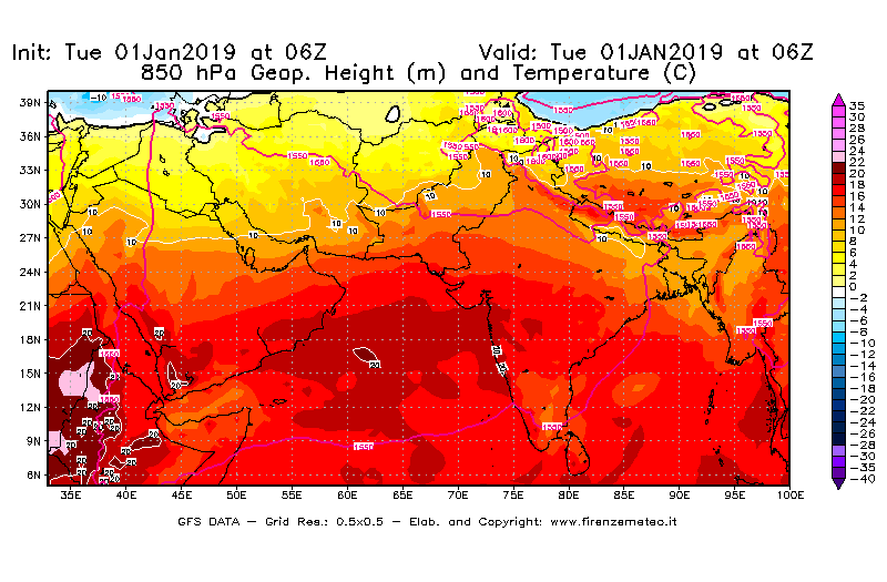 Mappa di analisi GFS - Geopotenziale [m] e Temperatura [°C] a 850 hPa in Asia Sud-Occidentale
							del 01/01/2019 06 <!--googleoff: index-->UTC<!--googleon: index-->