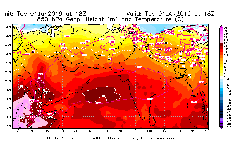 Mappa di analisi GFS - Geopotenziale [m] e Temperatura [°C] a 850 hPa in Asia Sud-Occidentale
							del 01/01/2019 18 <!--googleoff: index-->UTC<!--googleon: index-->