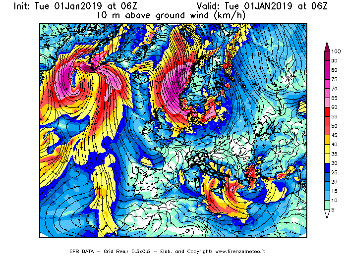 Mappa di analisi GFS - Velocità del vento a 10 metri dal suolo [km/h] in Europa
							del 01/01/2019 06 <!--googleoff: index-->UTC<!--googleon: index-->