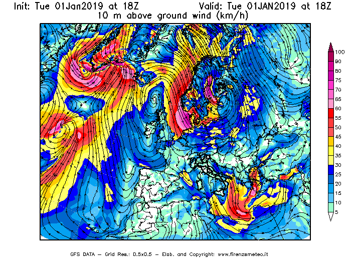 Mappa di analisi GFS - Velocità del vento a 10 metri dal suolo [km/h] in Europa
							del 01/01/2019 18 <!--googleoff: index-->UTC<!--googleon: index-->