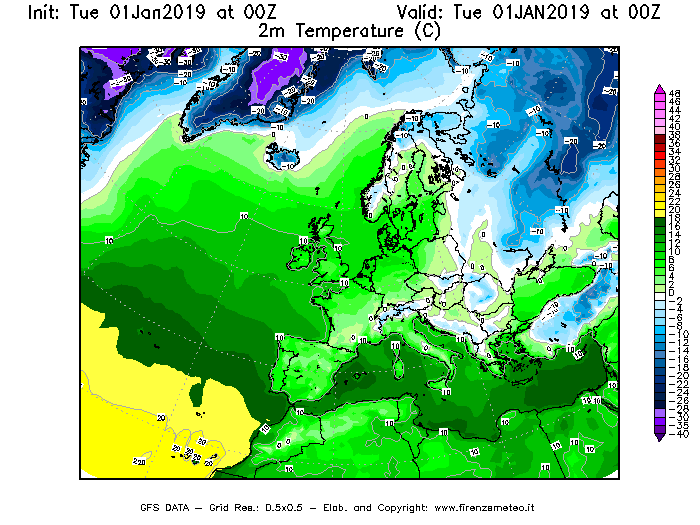 Mappa di analisi GFS - Temperatura a 2 metri dal suolo [°C] in Europa
							del 01/01/2019 00 <!--googleoff: index-->UTC<!--googleon: index-->