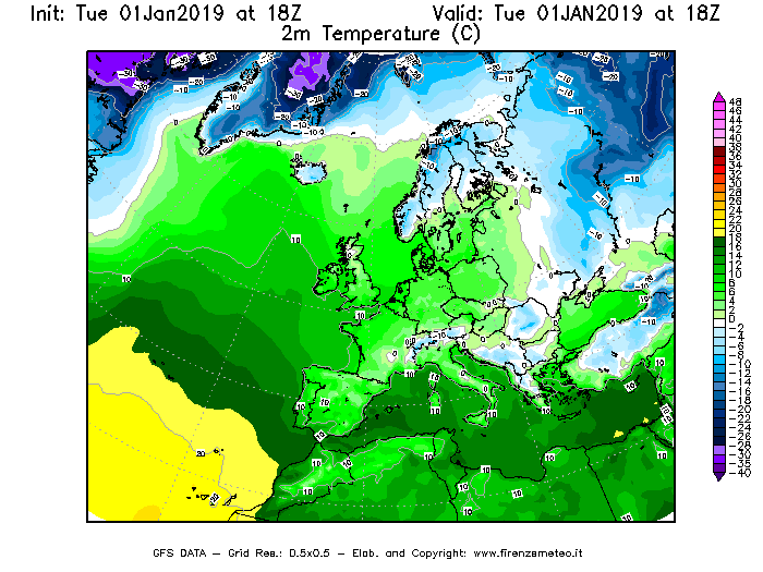 Mappa di analisi GFS - Temperatura a 2 metri dal suolo [°C] in Europa
							del 01/01/2019 18 <!--googleoff: index-->UTC<!--googleon: index-->