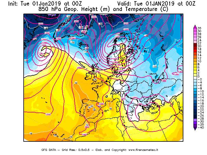 Mappa di analisi GFS - Geopotenziale [m] e Temperatura [°C] a 850 hPa in Europa
							del 01/01/2019 00 <!--googleoff: index-->UTC<!--googleon: index-->