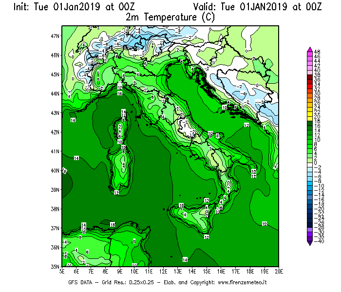 Mappa di analisi GFS - Temperatura a 2 metri dal suolo [°C] in Italia
							del 01/01/2019 00 <!--googleoff: index-->UTC<!--googleon: index-->