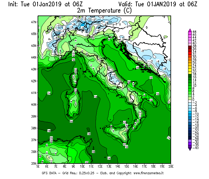 Mappa di analisi GFS - Temperatura a 2 metri dal suolo [°C] in Italia
							del 01/01/2019 06 <!--googleoff: index-->UTC<!--googleon: index-->
