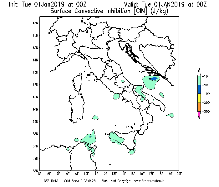 Mappa di analisi GFS - CIN [J/kg] in Italia
							del 01/01/2019 00 <!--googleoff: index-->UTC<!--googleon: index-->
