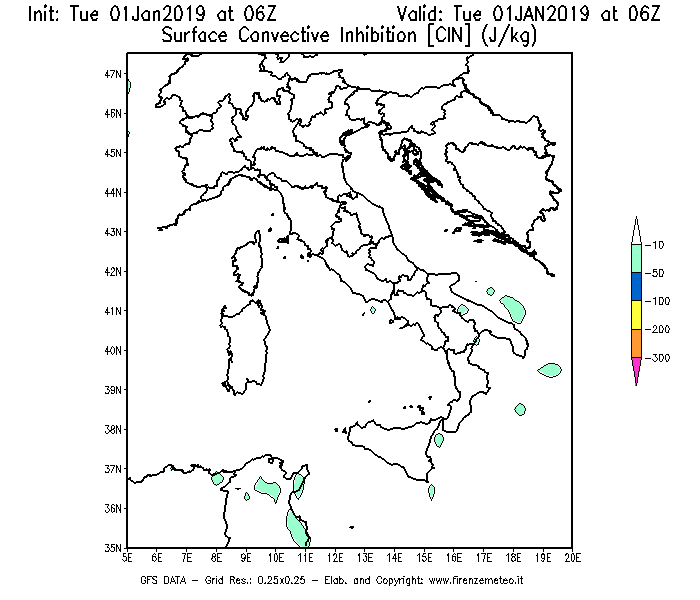Mappa di analisi GFS - CIN [J/kg] in Italia
							del 01/01/2019 06 <!--googleoff: index-->UTC<!--googleon: index-->