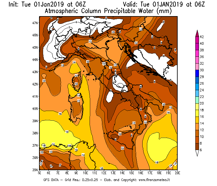 Mappa di analisi GFS - Precipitable Water [mm] in Italia
							del 01/01/2019 06 <!--googleoff: index-->UTC<!--googleon: index-->